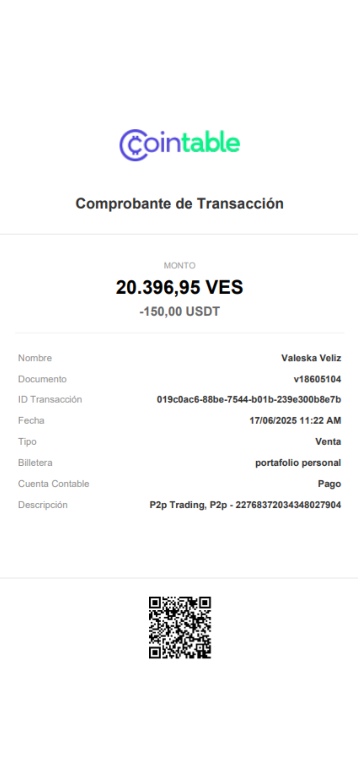 Ejemplo de comprobante de transaccion generado por Cointable